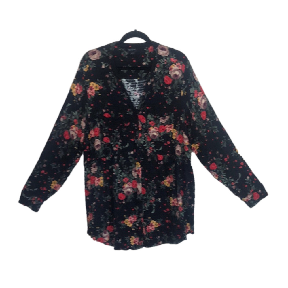 TORRID Women Size 2X Black Floral Long Sleeve Babydoll Tunic Top‎ Roses Feminine